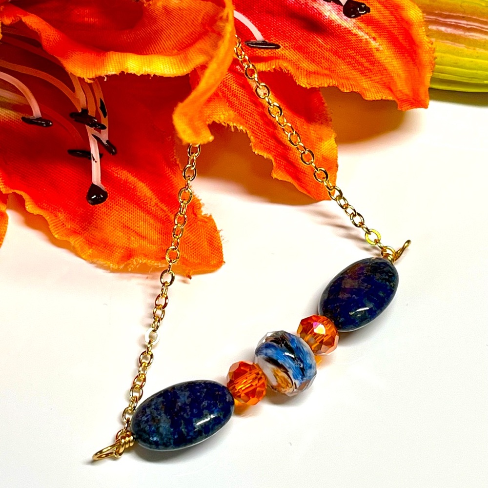 Pretty handcrafted lapis and Swarovski link necklace